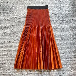 Rust Orange Pleated Midi Skirt High Waist Metallic Shine Elegant Casual Chic